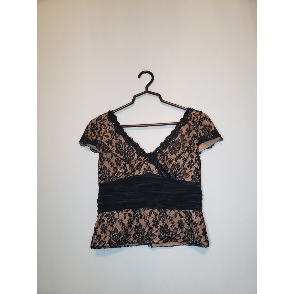 J.R. Nites By Caliendo Womens Petites 4P Blouse Short Sleeve Black Lace V Neck